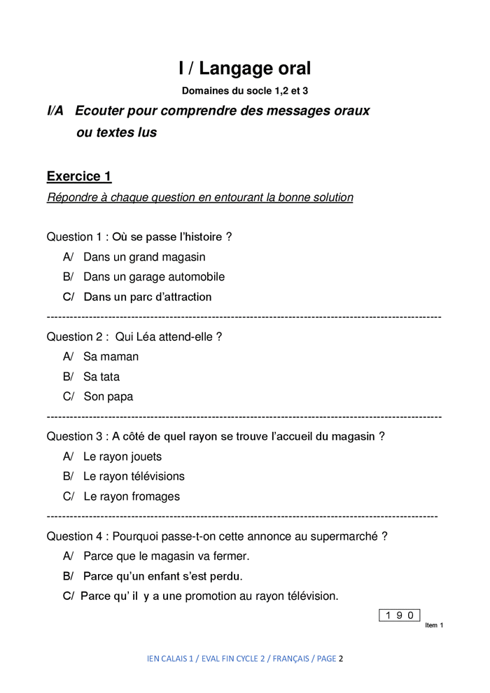 Evaluation Fin Cycle 2 Calais 1 Francais Fichier Eleve Ien Calais 1