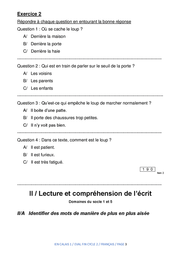 Evaluation Fin Cycle 2 Calais 1 Francais Fichier Eleve Ien Calais 1